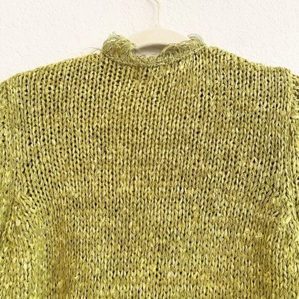 Chicos Womens Sweater 2 Large Green Open Front Chunky‎ Knit One Button Cardigan